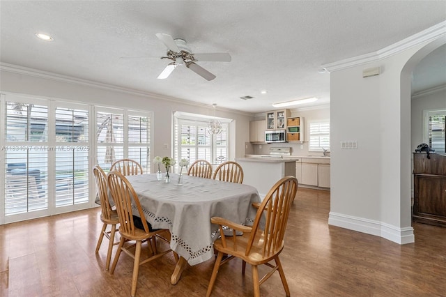4125 SW 152nd Ave, Miramar, FL 33027 - dining area featuring ornamental molding, arched walkways, wood finished floors, ceiling fan, and recessed lighting