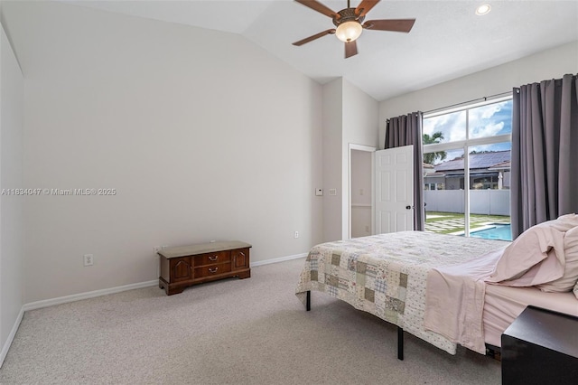 4125 SW 152nd Ave, Miramar, FL 33027 - carpeted bedroom featuring vaulted ceiling, access to outside, a ceiling fan, and recessed lighting