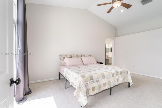 4125 SW 152nd Ave, Miramar, FL 33027 - carpeted bedroom with vaulted ceiling, arched walkways, ceiling fan, recessed lighting, and ensuite bath