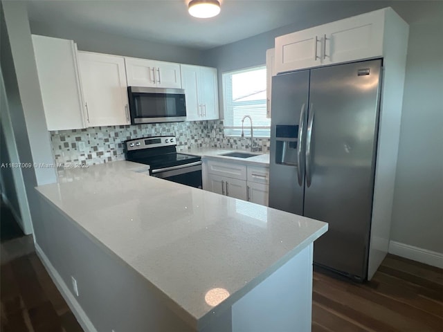2569 NW 61st Ave, Margate, FL 33063 - kitchen with appliances with stainless steel finishes, dark wood-style floors, backsplash, white cabinets, and a peninsula