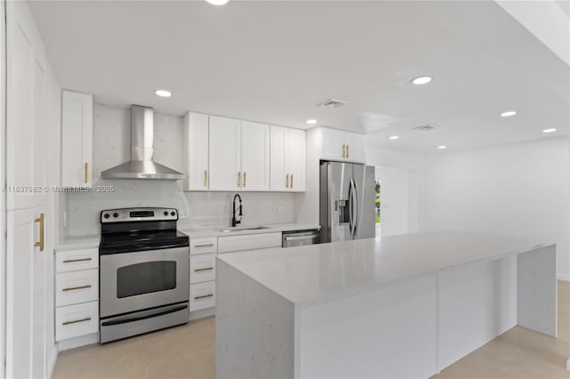 1710 SW 1st Ave, Pompano Beach, FL 33060 - kitchen featuring stainless steel appliances, wall chimney exhaust hood, white cabinetry, light stone counters, and recessed lighting