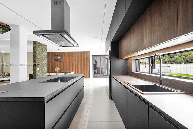 10746 Charleston Pl, Cooper City, FL 33026 - kitchen featuring black electric stovetop, island exhaust hood, modern cabinets, light tile patterned floors, and a kitchen island