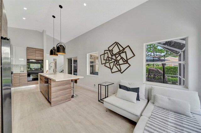 15281 Wilshire Ct, Pembroke Pines, FL 33027 - kitchen featuring modern cabinets, appliances with stainless steel finishes, light wood-style floors, a kitchen bar, and light countertops