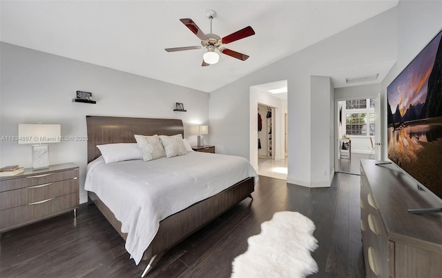 15281 Wilshire Ct, Pembroke Pines, FL 33027 - bedroom featuring vaulted ceiling, dark wood-type flooring, and ceiling fan