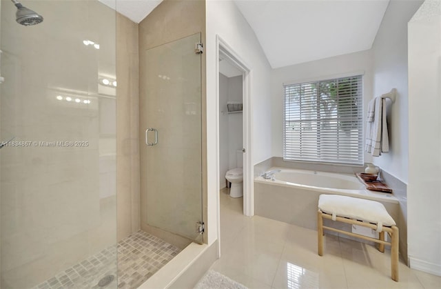 15281 Wilshire Ct, Pembroke Pines, FL 33027 - full bathroom featuring a stall shower, a garden tub, tile patterned flooring, and vaulted ceiling