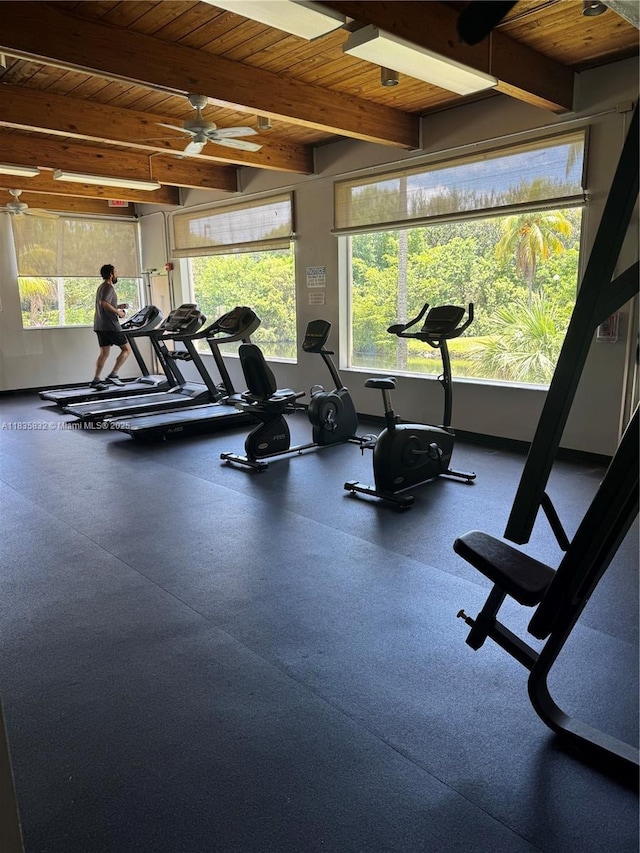 7480 NW 17th St Unit 103, Plantation, FL 33313 - exercise room with a wood ceiling with exposed beams, healthy amount of natural light, and a ceiling fan