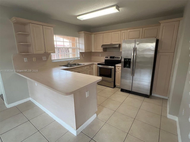 6865 SW 158th Pl, Miami, FL 33193 - kitchen with stainless steel appliances, under cabinet range hood, a peninsula, light countertops, and light tile patterned floors
