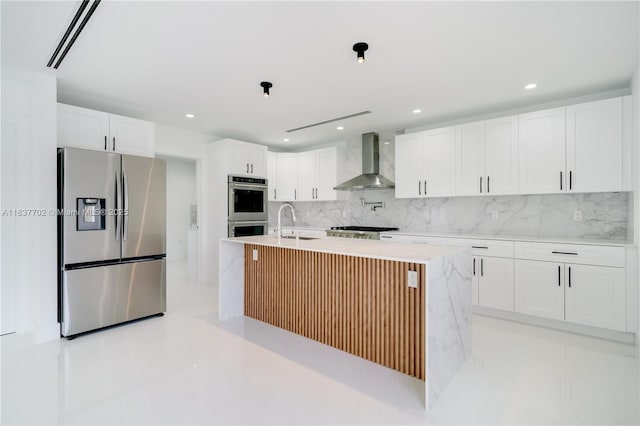 9800 SW 159th St, Miami, FL 33157 - kitchen featuring stainless steel appliances, wall chimney range hood, light countertops, decorative backsplash, and white cabinetry