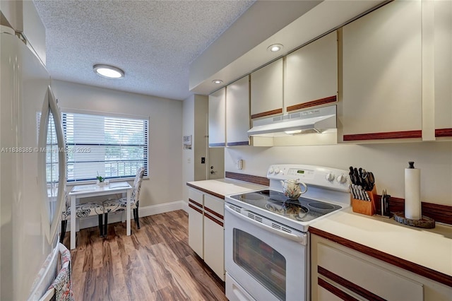 23344 Carolwood Ln Unit 303, Boca Raton, FL 33428 - kitchen featuring white appliances, under cabinet range hood, light countertops, light wood-style floors, and a textured ceiling