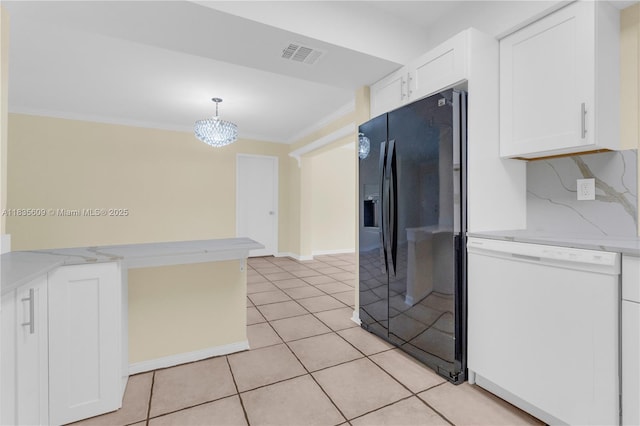 1900 N 31st Ave, Hollywood, FL 33021 - kitchen featuring black refrigerator with ice dispenser, white dishwasher, white cabinetry, ornamental molding, and light tile patterned floors