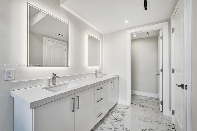 1617 NE 11th St Unit 1, Fort Lauderdale, FL 33304 - full bathroom with double vanity, marble look tiles, and recessed lighting