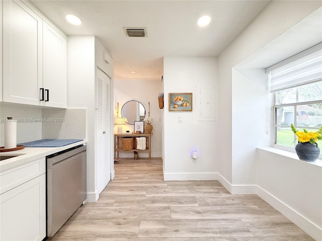13790 SW 147th Cir Ln Unit 2-9, Miami, FL 33186 - kitchen with stainless steel dishwasher, white cabinetry, light countertops, recessed lighting, and light wood finished floors