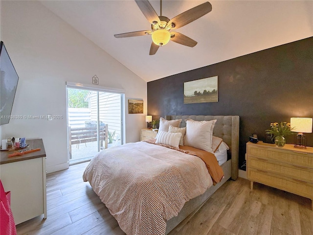 13790 SW 147th Cir Ln Unit 2-9, Miami, FL 33186 - bedroom featuring access to outside, light wood-type flooring, high vaulted ceiling, and a ceiling fan