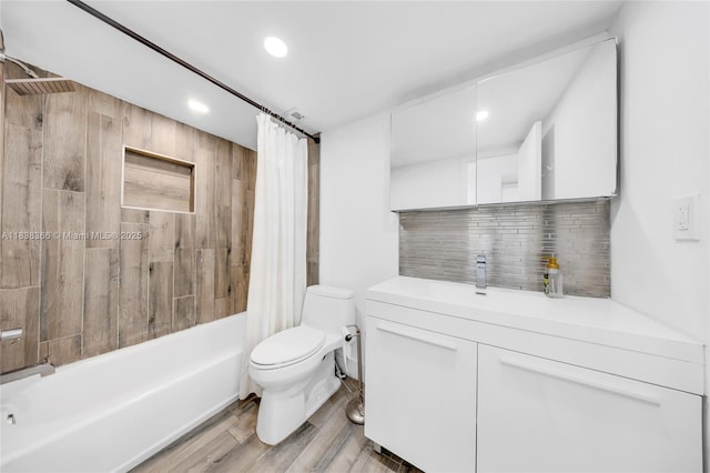 13155 Ixora Ct Unit 1105, North Miami, FL 33181 - bathroom featuring vanity, shower / tub combo with curtain, backsplash, wood finished floors, and recessed lighting