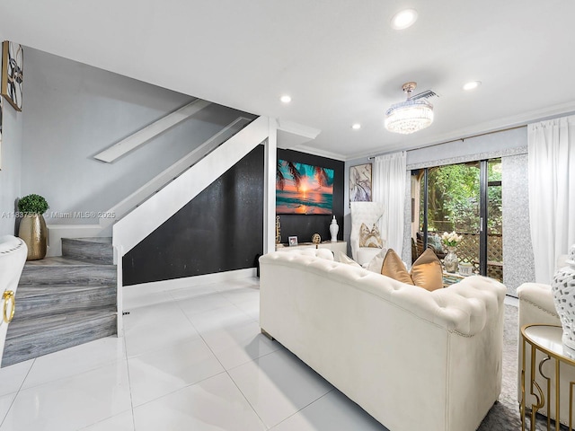 10942 W Sample Rd Unit E1, Coral Springs, FL 33065 - living room with recessed lighting, stairs, and tile patterned floors