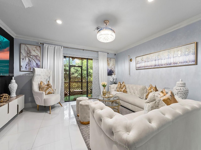 10942 W Sample Rd Unit E1, Coral Springs, FL 33065 - living area with ornamental molding, light tile patterned flooring, a chandelier, and recessed lighting