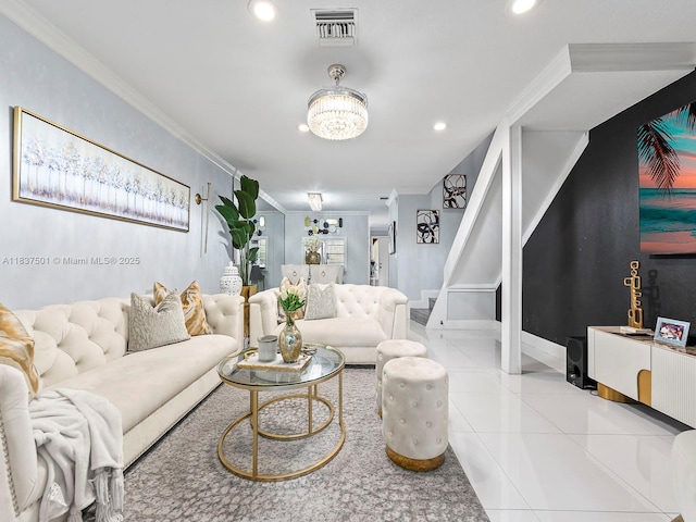 10942 W Sample Rd Unit E1, Coral Springs, FL 33065 - tiled living area featuring stairway, ornamental molding, recessed lighting, and a chandelier