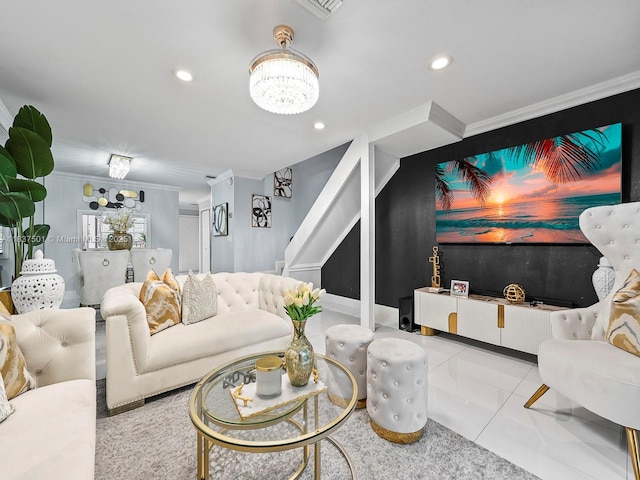 10942 W Sample Rd Unit E1, Coral Springs, FL 33065 - living area featuring a chandelier, ornamental molding, stairway, and recessed lighting