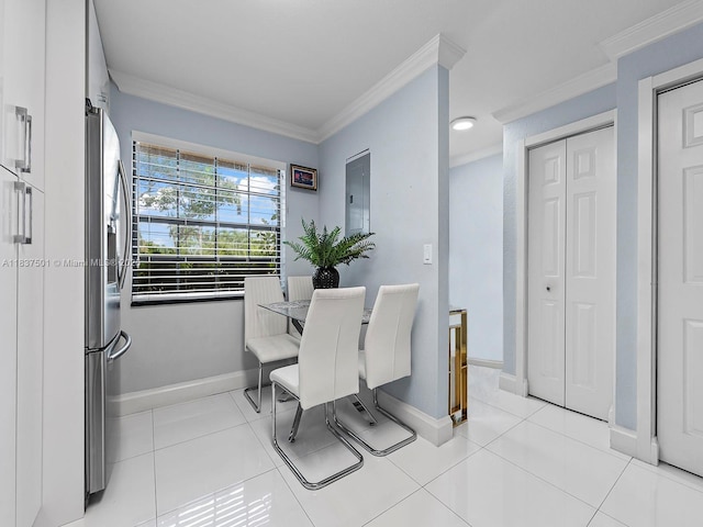 10942 W Sample Rd Unit E1, Coral Springs, FL 33065 - dining area featuring crown molding, light tile patterned flooring, and electric panel