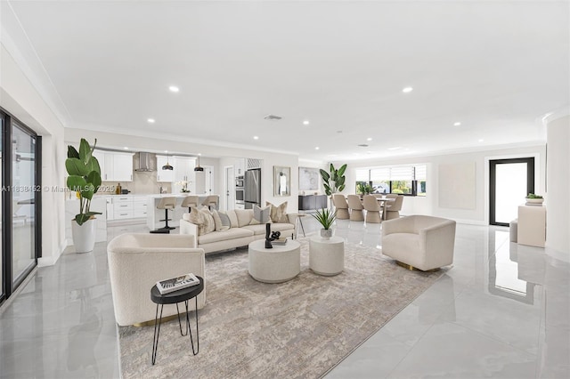 220 SW 75th Ter, Plantation, FL 33317 - living area featuring crown molding, recessed lighting, and light marble finish floors