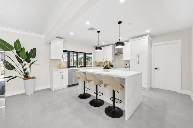 220 SW 75th Ter, Plantation, FL 33317 - kitchen with stainless steel dishwasher, a breakfast bar area, a kitchen island, white cabinetry, and recessed lighting
