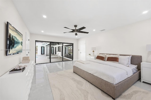 220 SW 75th Ter, Plantation, FL 33317 - bedroom featuring access to outside, recessed lighting, ceiling fan, and marble tiled flooring