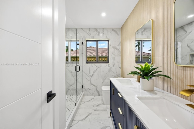 220 SW 75th Ter, Plantation, FL 33317 - bathroom featuring marble finish floors, a marble finish shower, double vanity, and recessed lighting