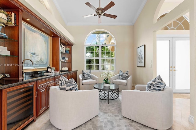 1504 NW 182nd Ave, Pembroke Pines, FL 33029 - living room with beverage cooler, crown molding, ceiling fan, and french doors