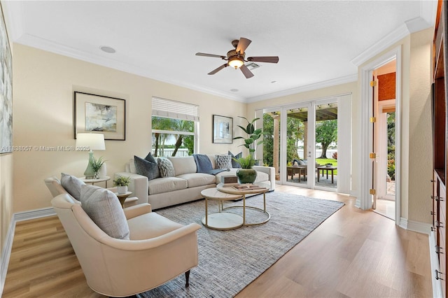 1504 NW 182nd Ave, Pembroke Pines, FL 33029 - living area featuring a ceiling fan, wood finished floors, and crown molding