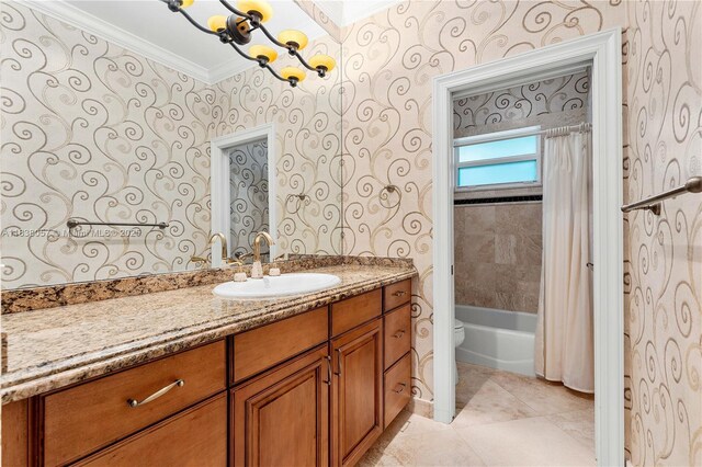 1504 NW 182nd Ave, Pembroke Pines, FL 33029 - bathroom featuring wallpapered walls, crown molding, vanity, and shower / bathtub combination with curtain