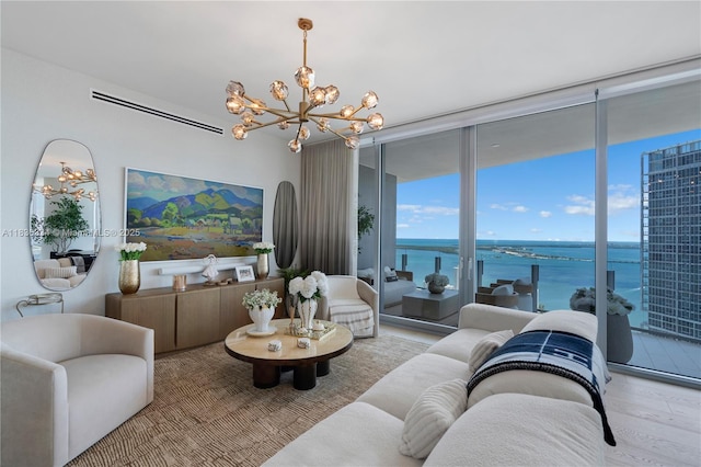 300 Biscayne Blvd Way Unit 4707, Miami, FL 33131 - living area with a chandelier, a wall of windows, and wood finished floors