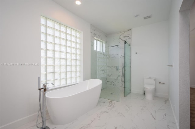 2664 Edgewater Dr, Weston, FL 33332 - bathroom with a marble finish shower, a freestanding tub, marble finish flooring, and recessed lighting
