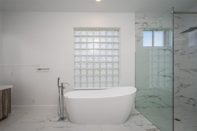 2664 Edgewater Dr, Weston, FL 33332 - full bathroom featuring a freestanding bath, marble finish flooring, a marble finish shower, vanity, and recessed lighting