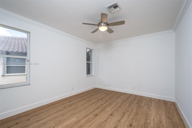 2664 Edgewater Dr, Weston, FL 33332 - empty room featuring light wood-type flooring, ceiling fan, ornamental molding, and a textured ceiling