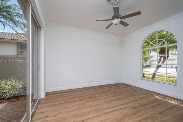 2664 Edgewater Dr, Weston, FL 33332 - empty room featuring light wood-style floors, ceiling fan, and ornamental molding