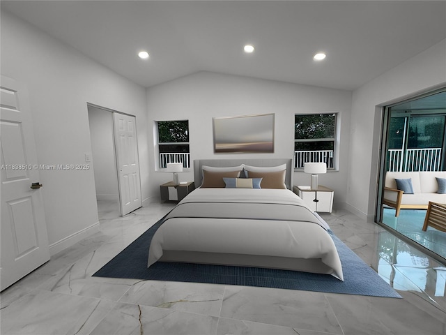 1470 Sweetbay Way, Hollywood, FL 33019 - bedroom with marble look tile flooring, recessed lighting, lofted ceiling, and access to exterior