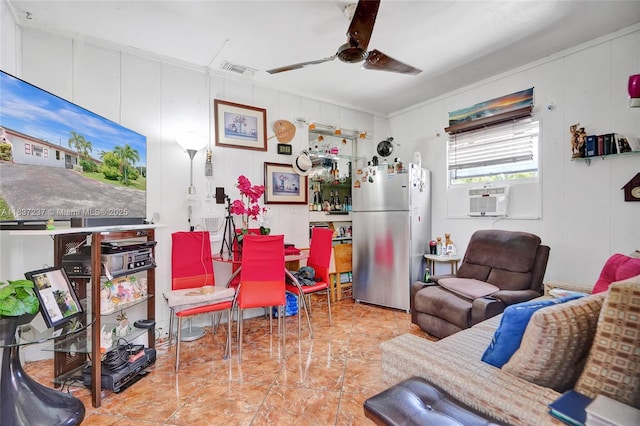 6768 Rose Dr, Miramar, FL 33023 - living area featuring ceiling fan, crown molding, and cooling unit