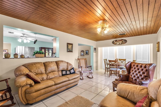 13325 SW 32nd St, Miami, FL 33175 - living room featuring light tile patterned floors, ceiling fan, and wooden ceiling
