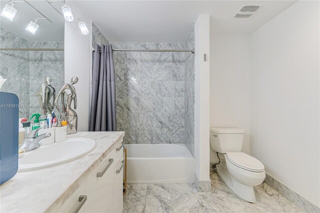 253 NE 2nd St Unit 213, Miami, FL 33132 - bathroom with vanity, shower / bath combination with curtain, and marble look tile flooring