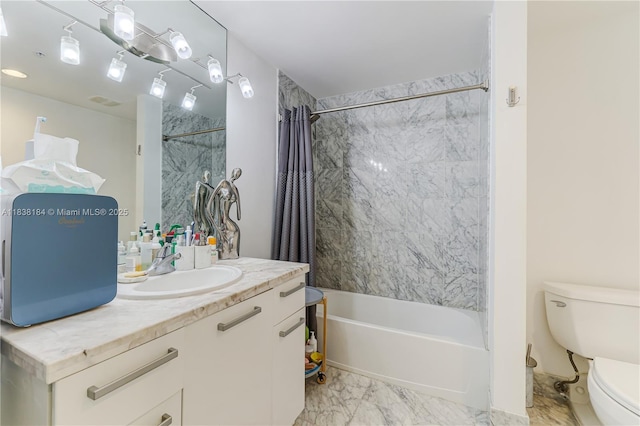 253 NE 2nd St Unit 213, Miami, FL 33132 - bathroom with vanity, marble look tiles, and shower / tub combo with curtain