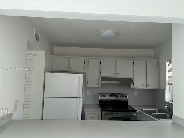 8897 Fontainebleau Blvd Unit 208, Miami, FL 33172 - kitchen with freestanding refrigerator, stainless steel electric range oven, under cabinet range hood, and light countertops