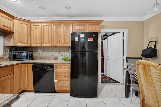 1600 Granfern Ave, West Palm Beach, FL 33415 - kitchen with black appliances, crown molding, backsplash, light tile patterned floors, and light stone counters
