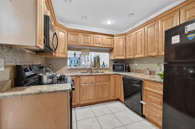 1600 Granfern Ave, West Palm Beach, FL 33415 - kitchen featuring black appliances, light tile patterned floors, light stone countertops, tasteful backsplash, and ornamental molding