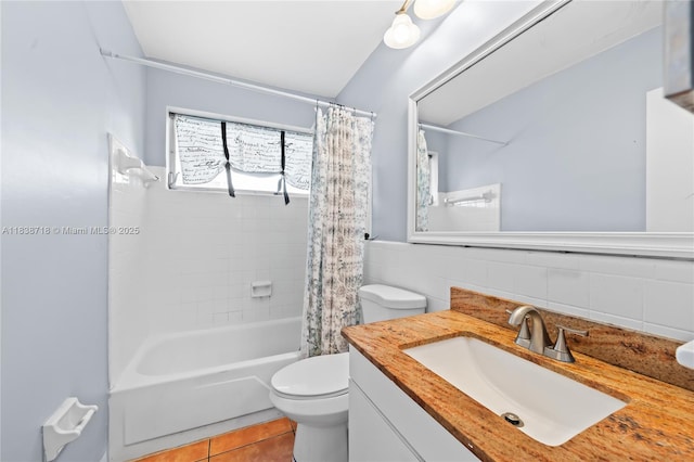4938 NW 54th Ct, Tamarac, FL 33319 - full bathroom with tile walls, vanity, shower / bathtub combination with curtain, and tile patterned flooring