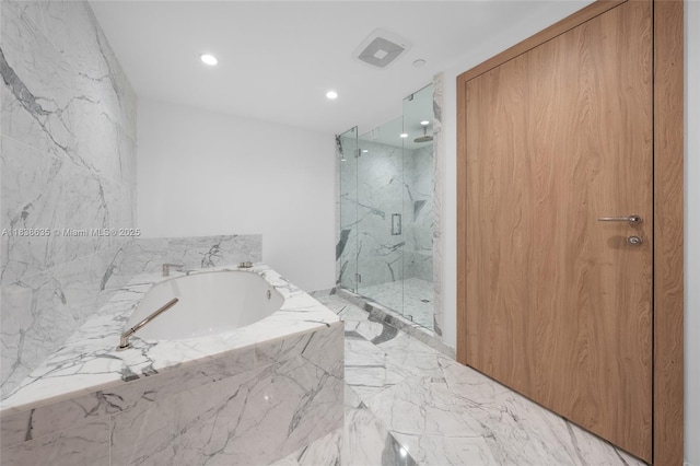 1135 103rd St Unit 702, Bay Harbor Islands, FL 33154 - full bathroom featuring a marble finish shower, a bath, recessed lighting, and marble tiled floors