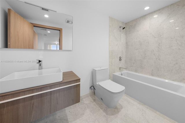 1135 103rd St Unit 702, Bay Harbor Islands, FL 33154 - full bath featuring bathing tub / shower combination, vanity, marble finish floors, and recessed lighting