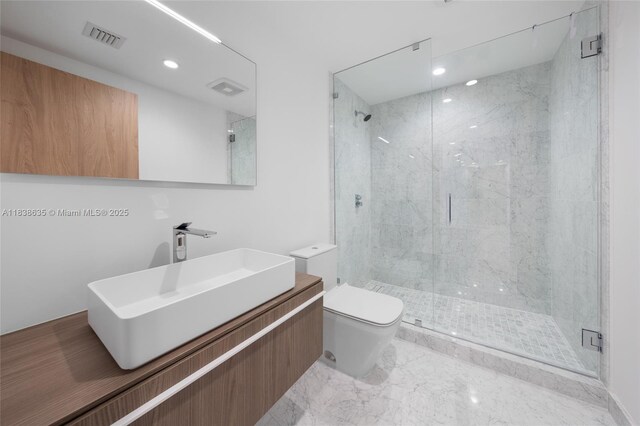 1135 103rd St Unit 702, Bay Harbor Islands, FL 33154 - bathroom featuring a marble finish shower, vanity, recessed lighting, and marble finish floors