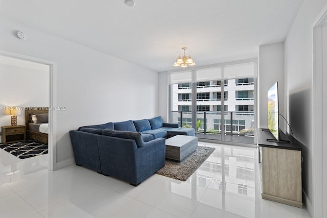 488 NE 18th St Unit 509, Miami, FL 33132 - living room featuring a chandelier, a wall of windows, and light tile patterned floors
