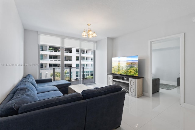 488 NE 18th St Unit 509, Miami, FL 33132 - living room featuring a chandelier, light tile patterned floors, and a wall of windows