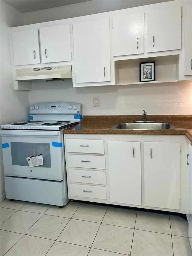 855 Euclid Ave Unit 104, Miami Beach, FL 33139 - kitchen with electric stove, under cabinet range hood, white cabinetry, and dark countertops
